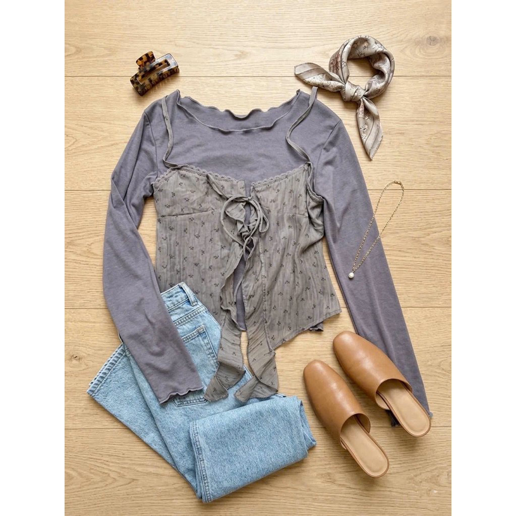 [HÀNG SẴN] Set Áo Thun Dài Tay Cổ Thuyền Kèm Áo Hai Dây Camisole Hoa Nhí Thắt Nơ Layer Phong Cách Ac