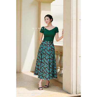 Chân Váy Xòe Nữ MY WAY Đai Bản To Họa Tiết Sang Trọng 9MCX2148