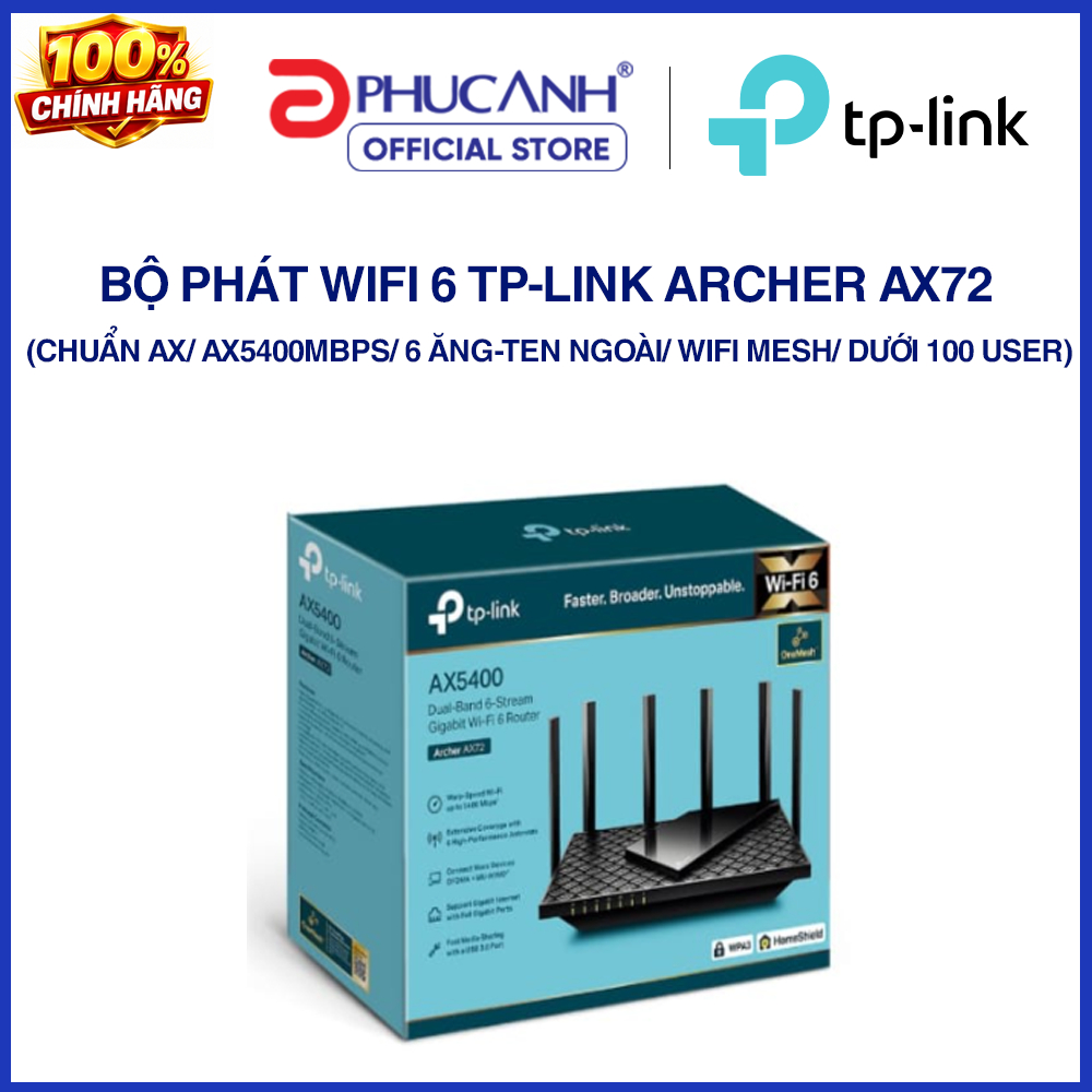 Bộ phát wifi 6 TP-Link Archer AX72 (Chuẩn AX/ AX5400Mbps/ 6 Ăng-ten ngoài/ Wifi Mesh/ Dưới 100 User)