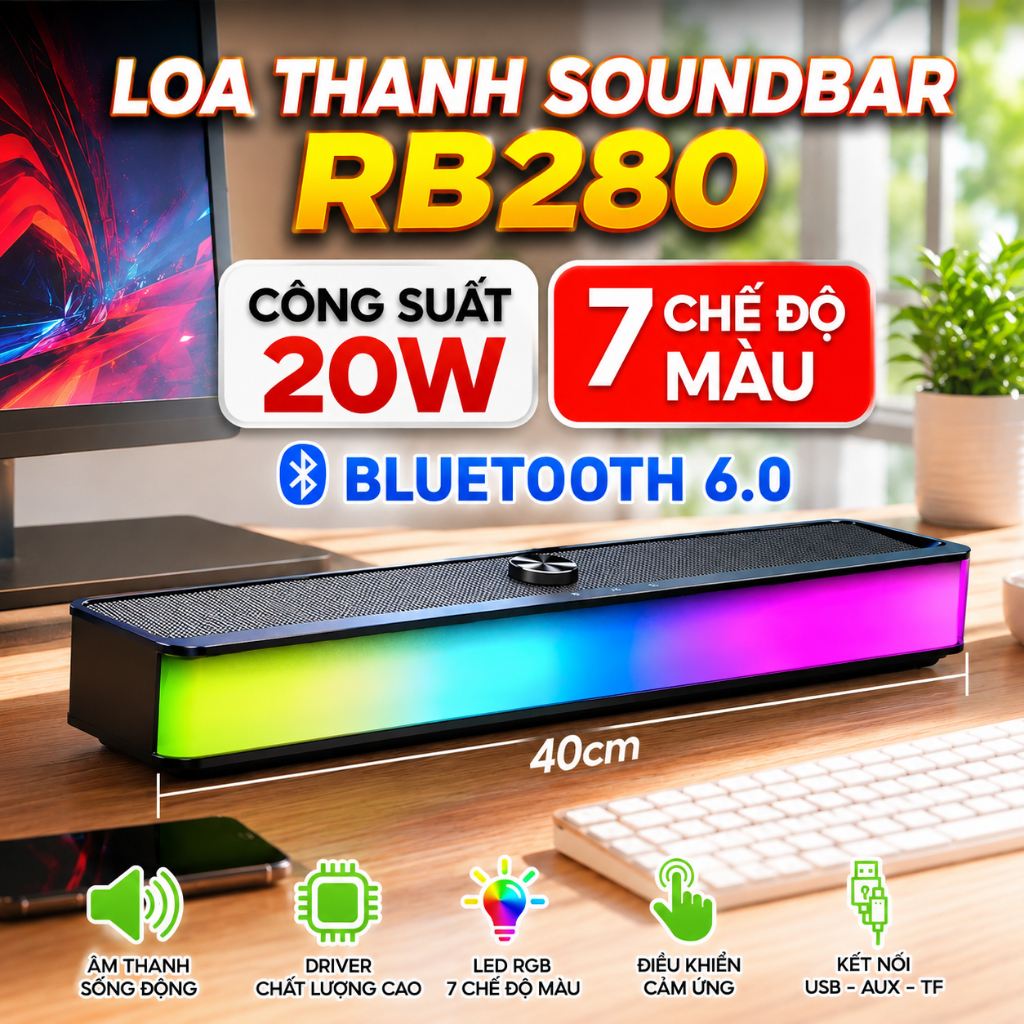 Vivan Loa Thanh Soundbar Bluetooth Robot RB280 Công Suất 20W Full Led - Kết Nối Thẻ Nhớ, AUX, USB