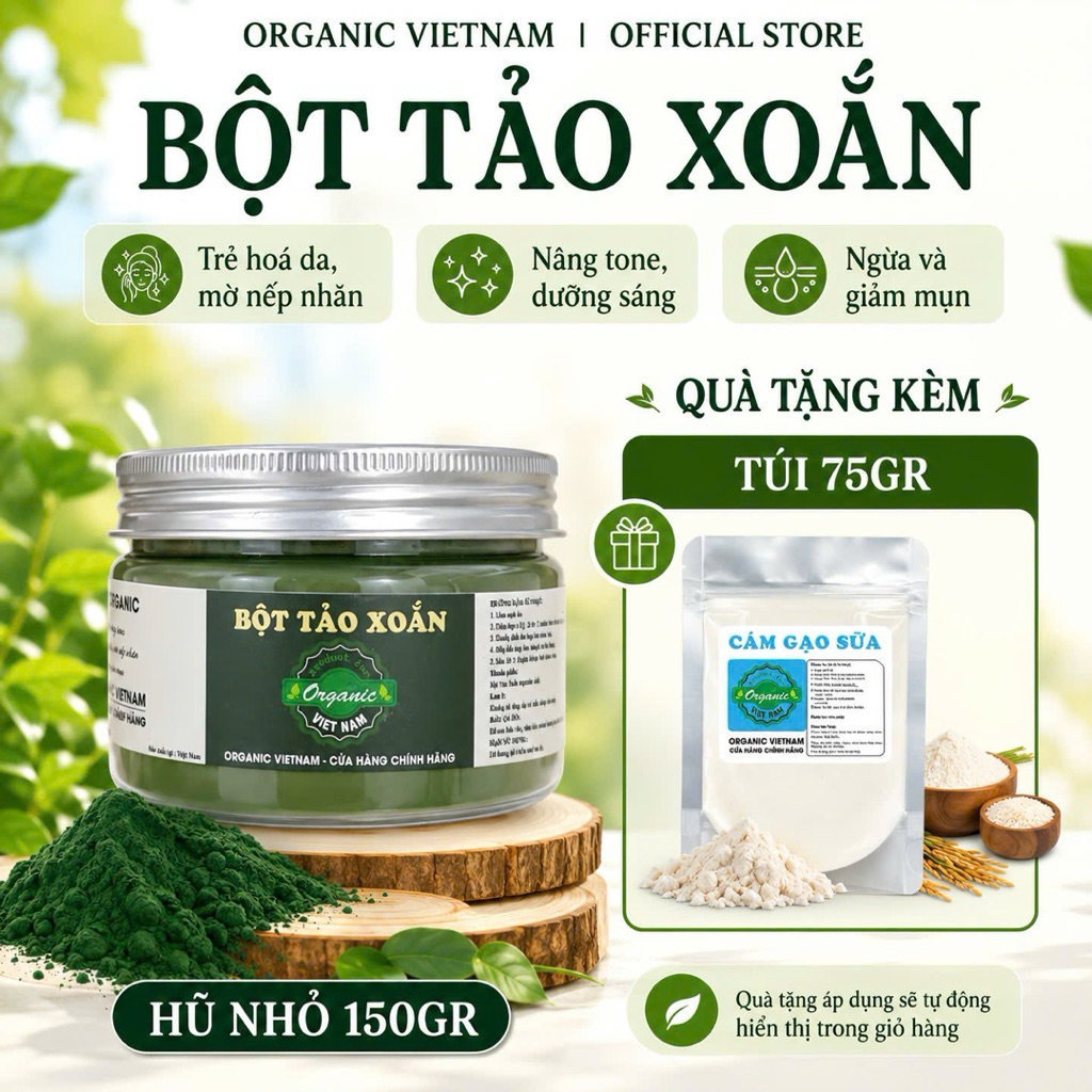 [Mua 1 Tặng 1] TẢO XOẮN nguyên chất tặng Cám Gạo Sữa, Organic Vietnam, dưỡng da, skincare thiên nhiê