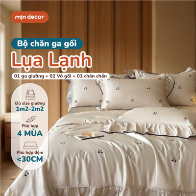 Bộ Chăn Ga Gối Cotton Lụa Lạnh Mịn Decor, Bộ Ga Gối Kèm Chăn Chần Mỏng Mát Mẻ, Mềm Mại