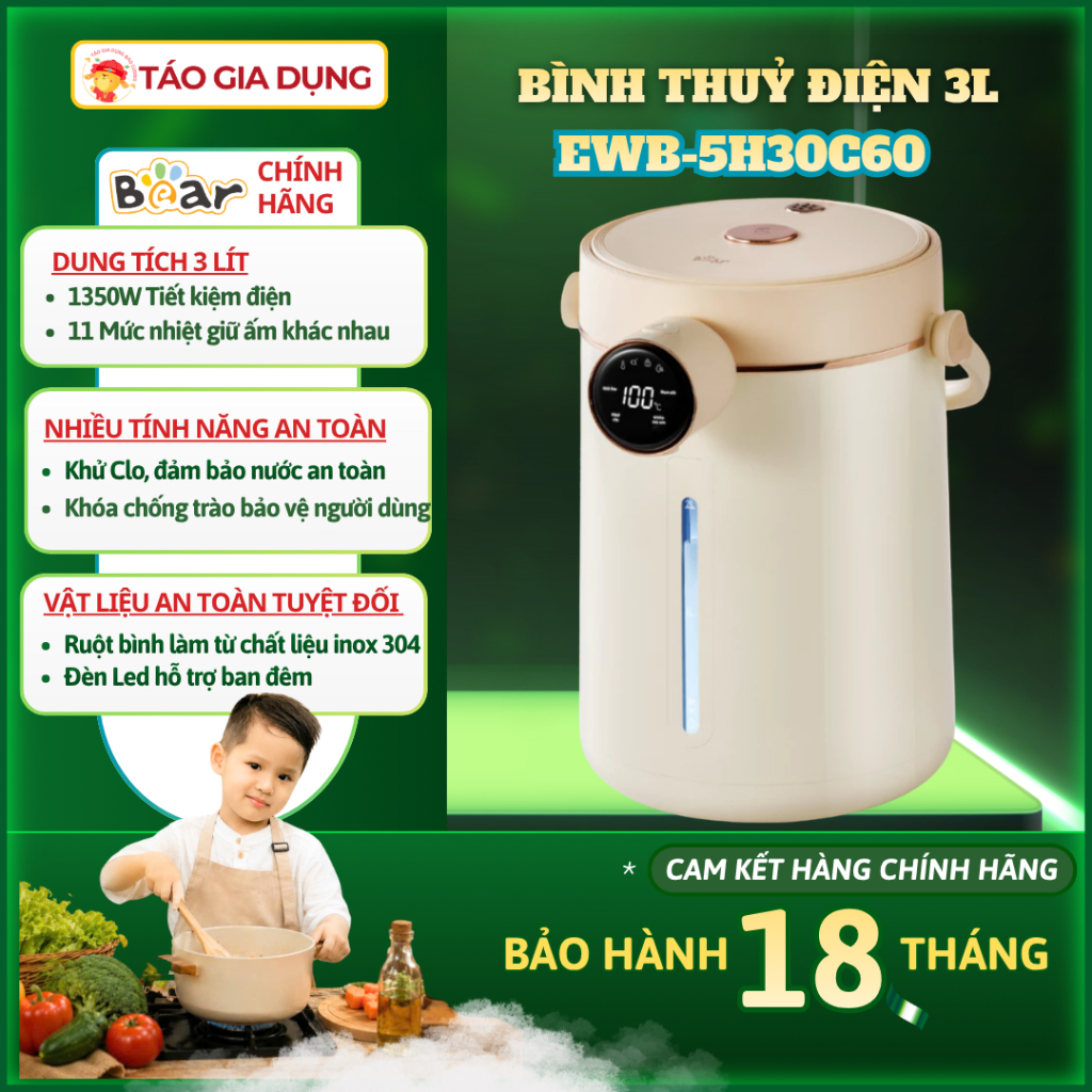 Bình thuỷ điện Bear EWB-5H30C60 -  3 Lít, 11 mức nhiệt độ, Khử Clo, Lòng inox 316 an toàn tuyệt đối.