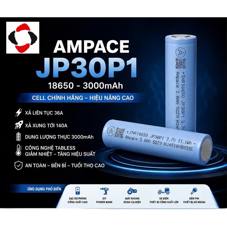 Cell pin 18650 21700 AMPACE JP40 JP30 Li-ion 3.6V 4000mAh 3000mAh - Xả 60A 36A