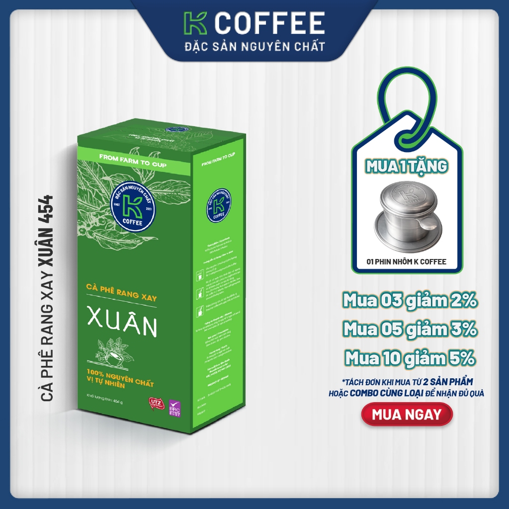 Cà phê Rang xay Đặc sản Nguyên chất Pha phin K Coffee K Xuân 454g