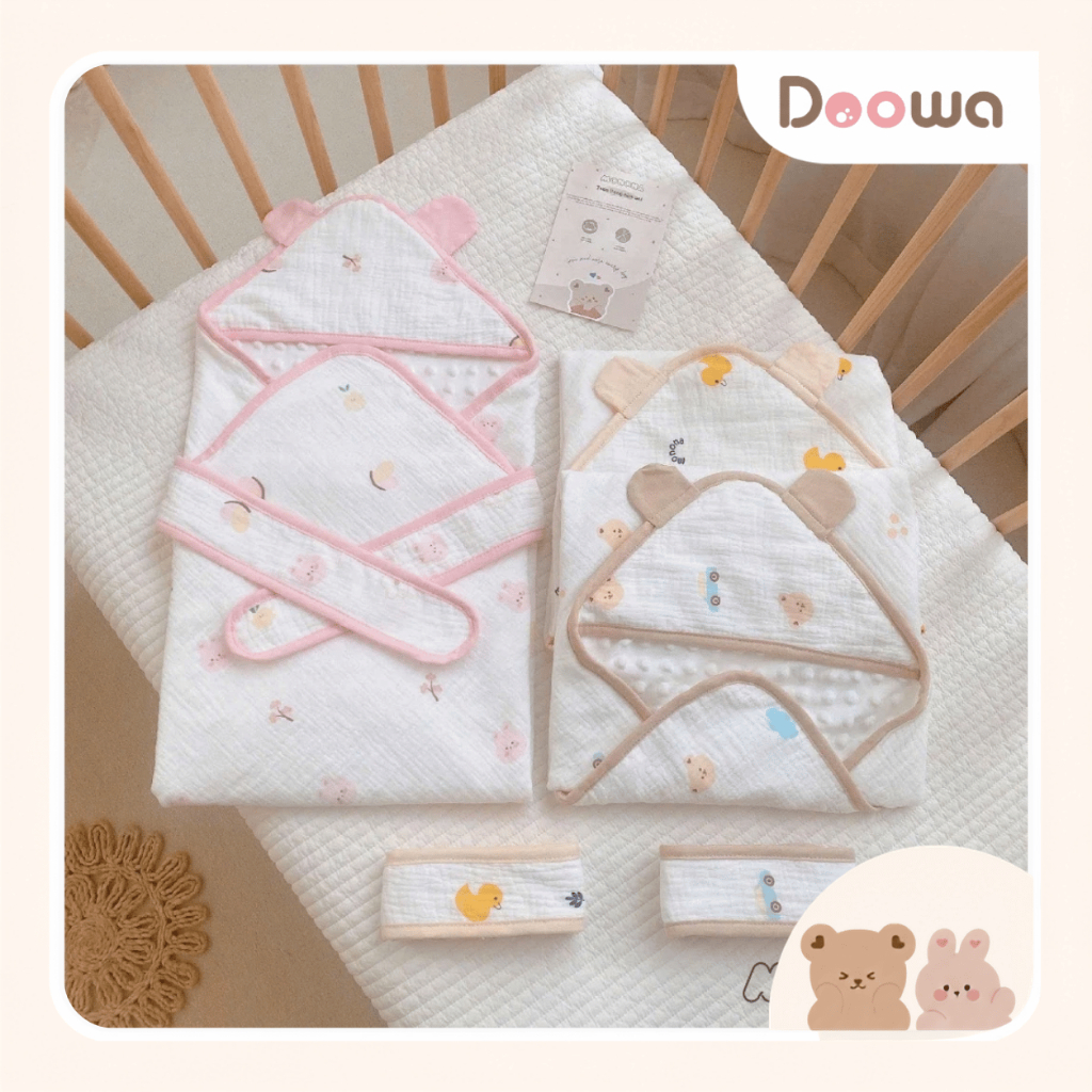 Ủ choàng Muslin hạt đậu hình tai gấu dễ thương, ủ choàng đón bé