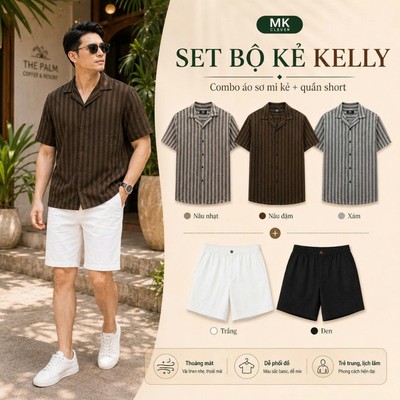Set Bộ Nam Sơ Mi Kẻ Kelly + Quần Short Đũi Line MKCLEVER Form Rộng Thoáng Mát, Set Đồ Nam Trẻ Trung Mùa Hè