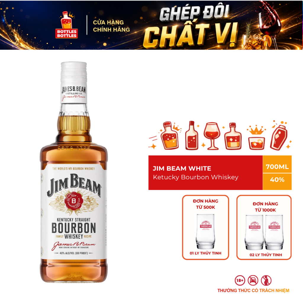 [CHÍNH HÃNG] Rượu Whisky Bourbon Jim Beam White - 700ML - 40%