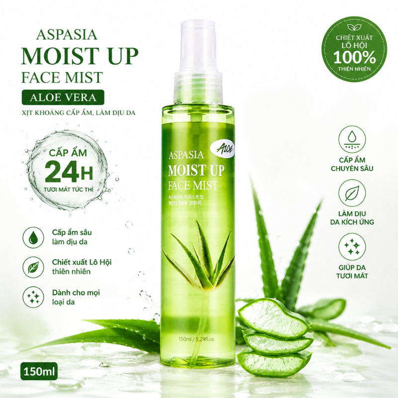 [Chính hãng] Xịt khoáng dưỡng trắng da giữ ẩm Aspasia Moist Up Face Mist Nha đam Hàn Quốc 150ml