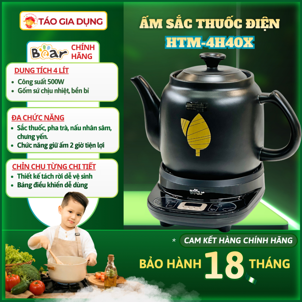 Ấm sắc thuốc Bear HTM - 4H40X - 4 Lít , nhiều chế độ nấu: sắc thuốc bắc, nấu chè,..an toàn, hiệu quả