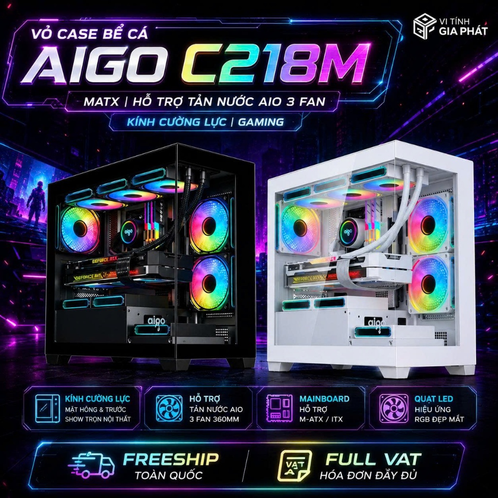 Vỏ Case Bể Cá AIGO C218M Trắng Đen MATX | Hỗ Trợ Tản Nước AIO 3 Fan | Kính Cường Lực | Gaming