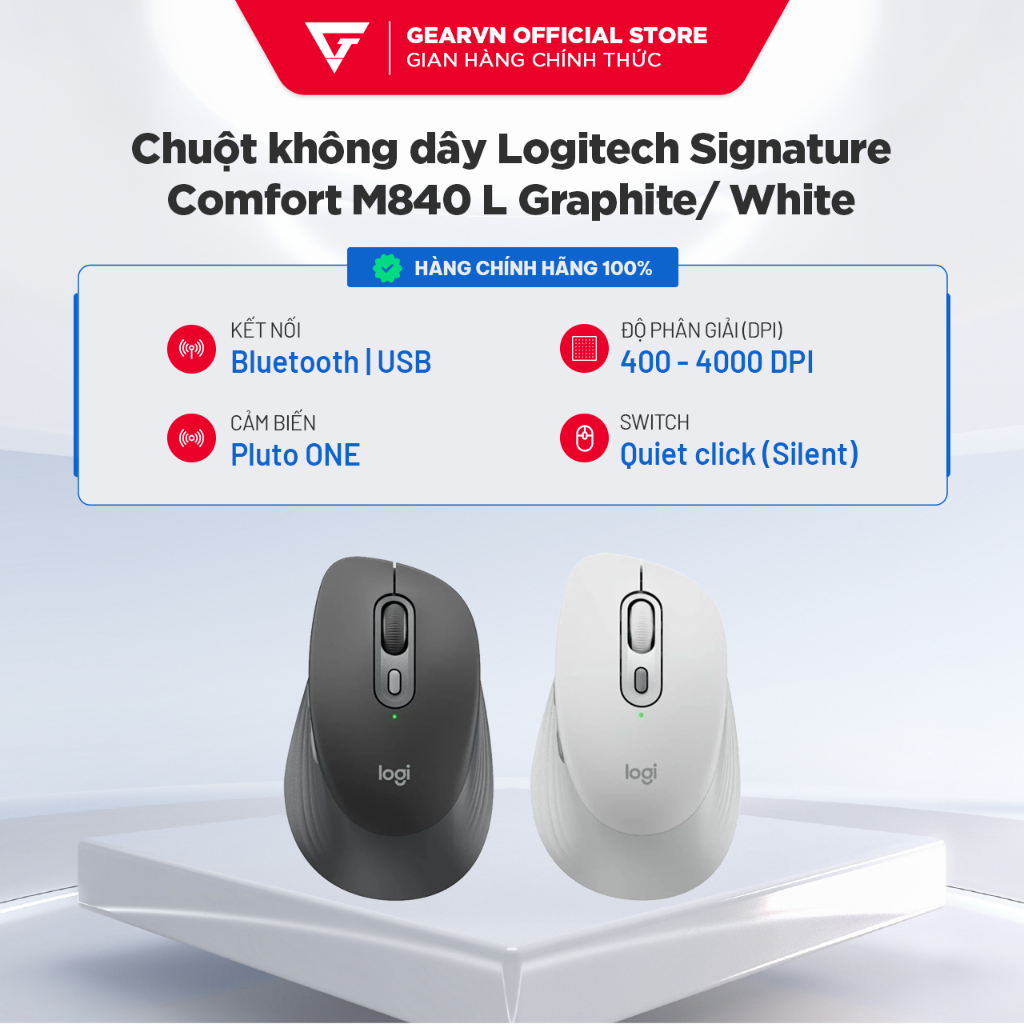 Chuột không dây Logitech Signature Comfort M840 L Graphite/ White Form Công thái học, Switch Silent 