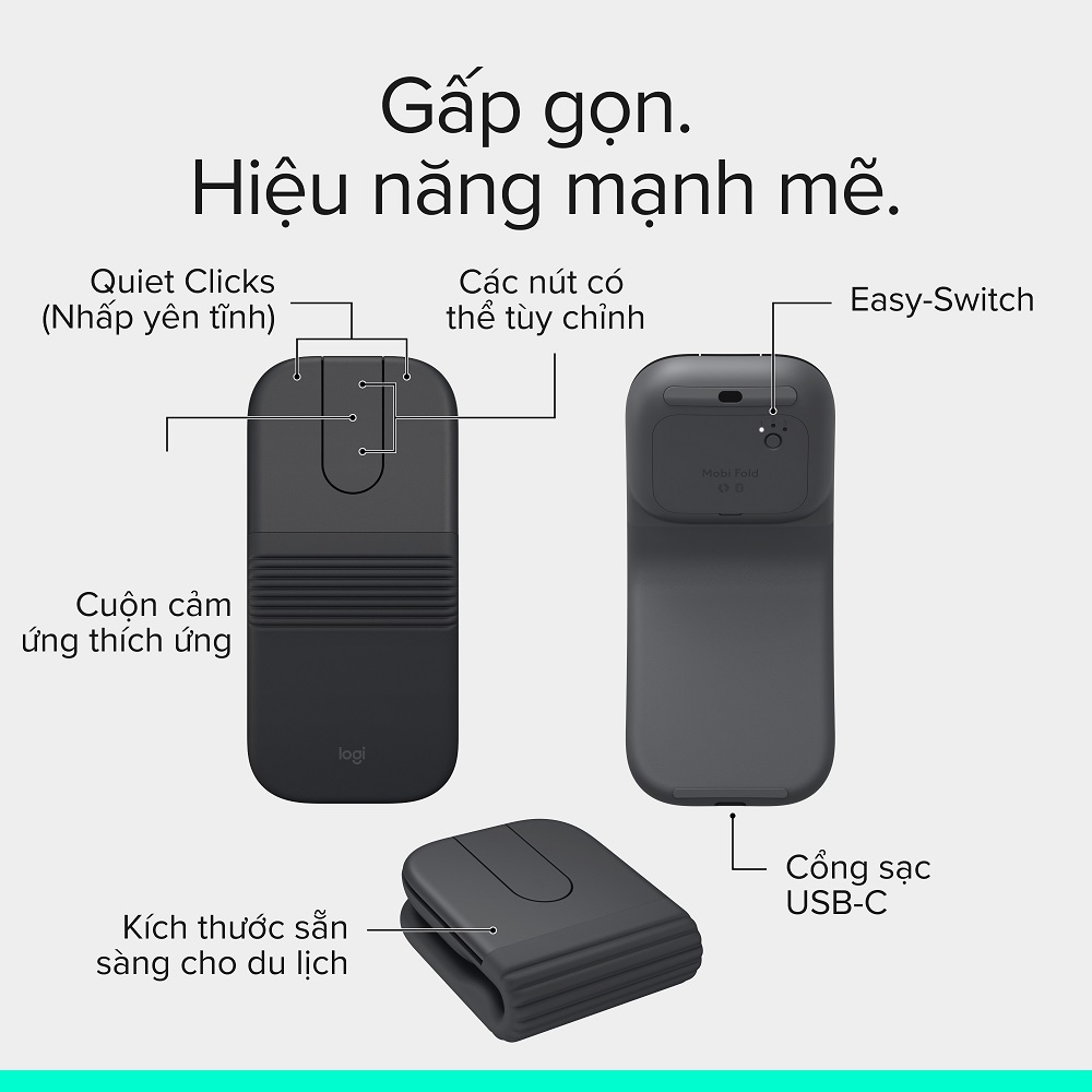Logitech Mobi Fold - Chuột du lịch di động, Nhỏ và nhẹ, Cuộn cảm ứng, Nhấp im lặng, 4K DPI, Bluetooth | BigBuy360 - bigbuy360.vn