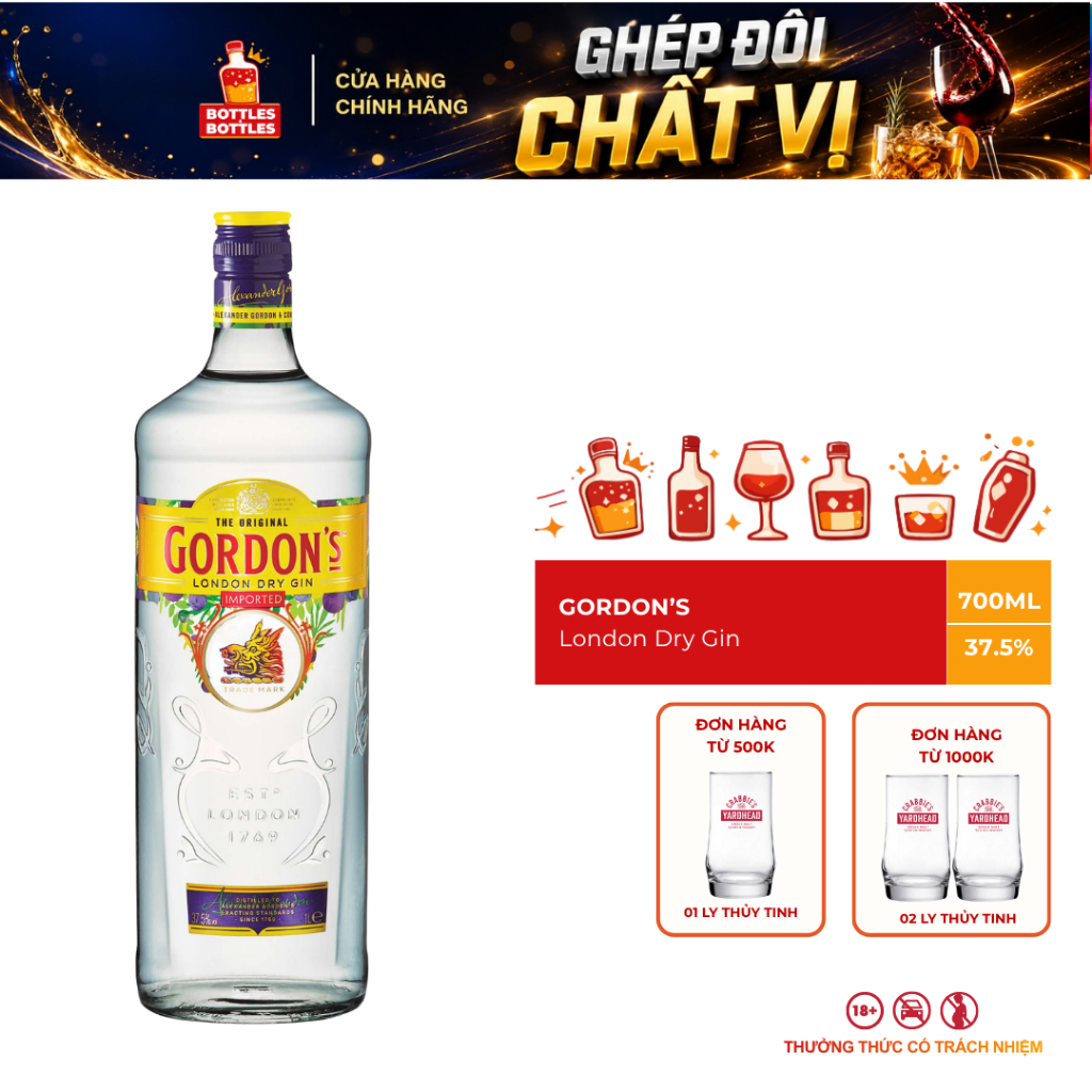 [CHÍNH HÃNG] Rượu Gordon's London Dry Gin - 700ML - 37.5%