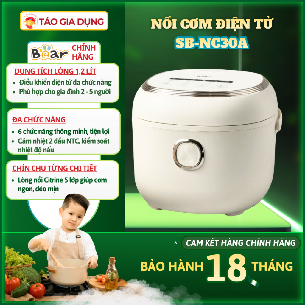 Nồi cơm điện điện tử Bear SB-NC30A - 6 chức năng nấu cài sẵn, lòng nồi dày, chế độ hẹn giờ, 1,2 Lít