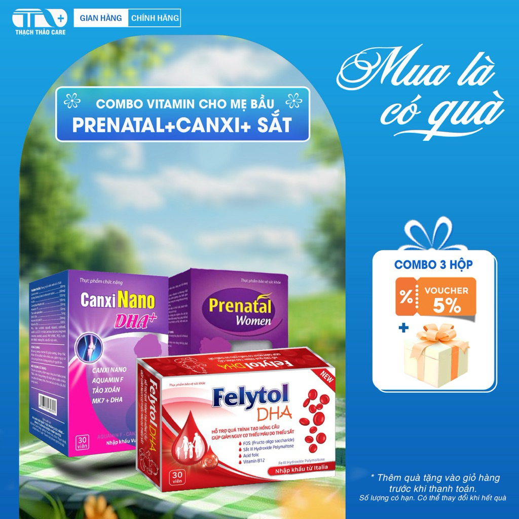[Chính hãng] Combo sản phẩm dành cho mẹ bầu CANXI NANO + PRENATAL WOMEN + SẮT FELYTOL
