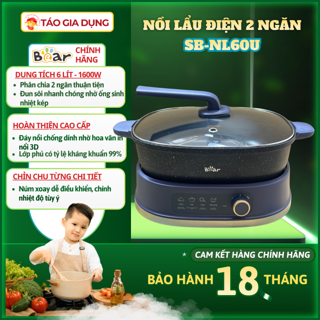 Nồi lẩu điện đa năng 2 ngăn BEAR-SB NL60U - 2 ngăn đa năng, dung tích lớn 6L - Có MÀU ĐEN/TRẮNG