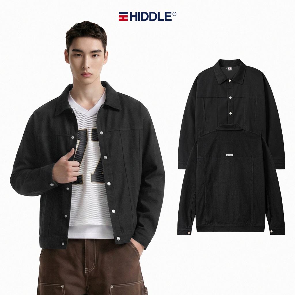 Áo khoác nam kaki cao cấp màu đen HIDDLE cổ bẻ 2 lớp có túi trong | H8-AK6-D