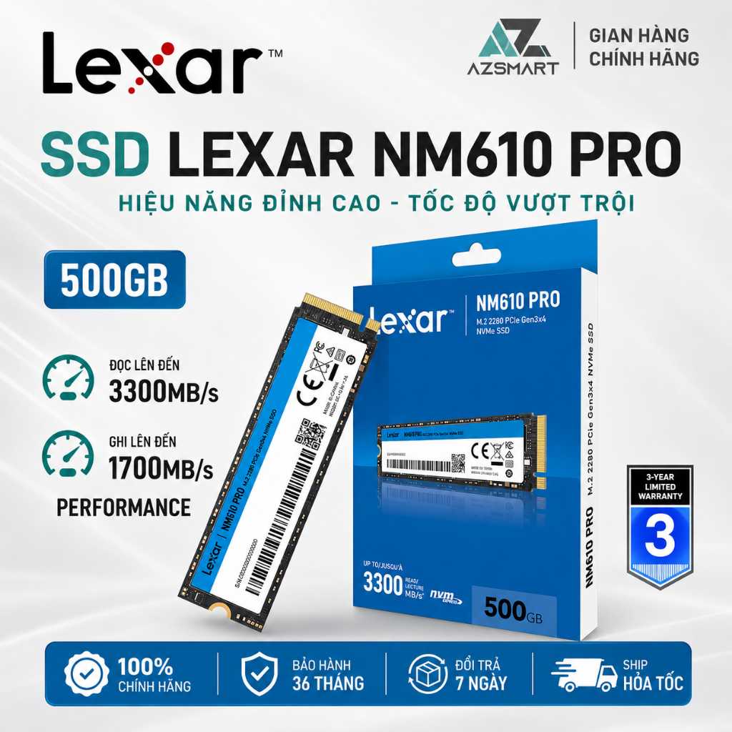 Ổ Cứng SSD Lexar NM610 Pro 500GB M.2 NVMe PCIe Gen3x4 New BH 60 Tháng Full VAT, Tốc Độ Cao