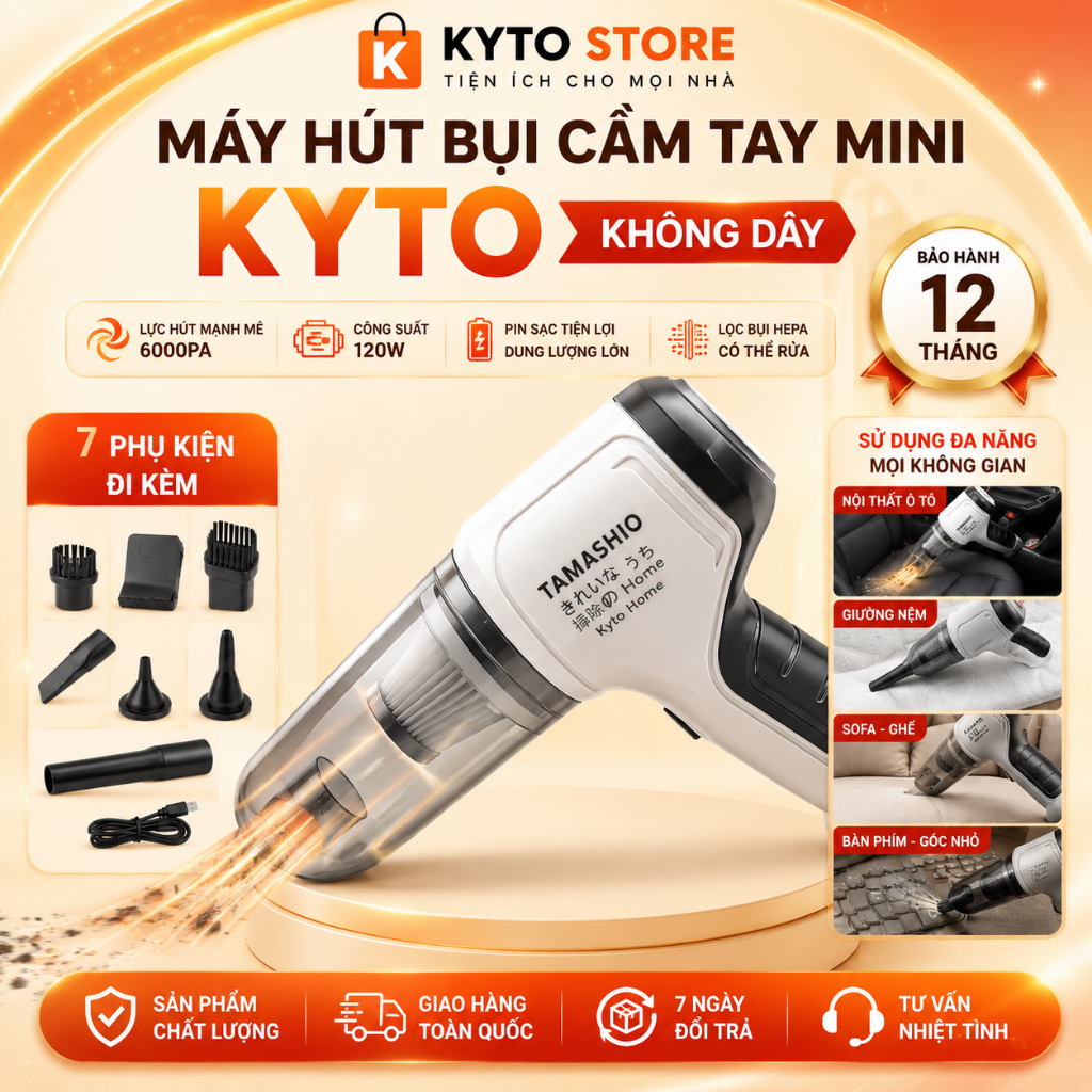 Máy Hút Bụi Cầm Tay Mini KYTO Không Dây Cánh Nhôm 7 Phụ Kiện , Hút Bụi Ô Tô…