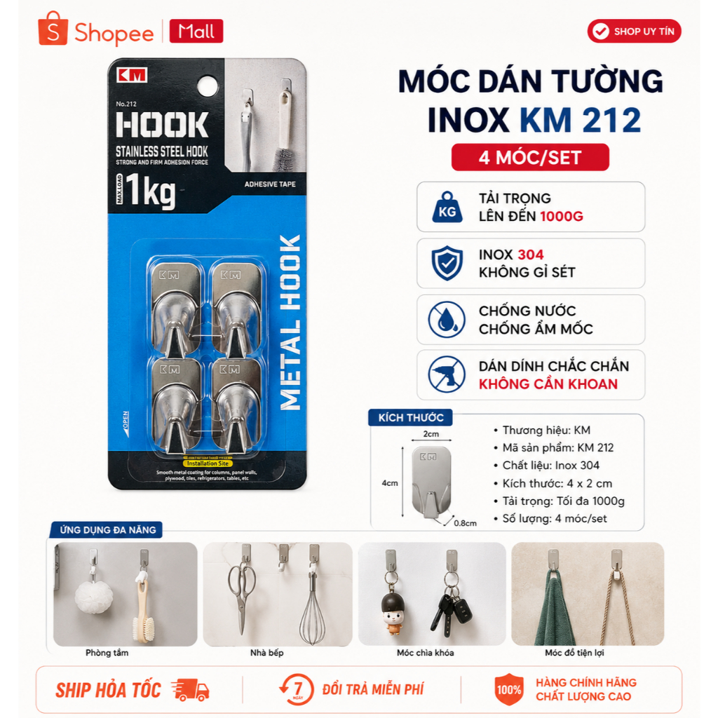 MÓC DÁN TƯỜNG INOX KM 212 JP CAO CẤP – BỘ 4 MÓC SIÊU CHẮC