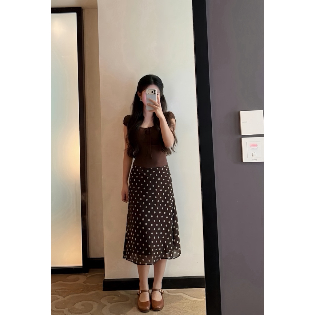 Chân Váy Chấm Bi Dáng Lửng Nữ MINHU CLOTHES Màu Nâu Vintage - Chân Váy Cạp Cao Công Sở Đi Học Đi Chơi [CV04] | BigBuy360 - bigbuy360.vn