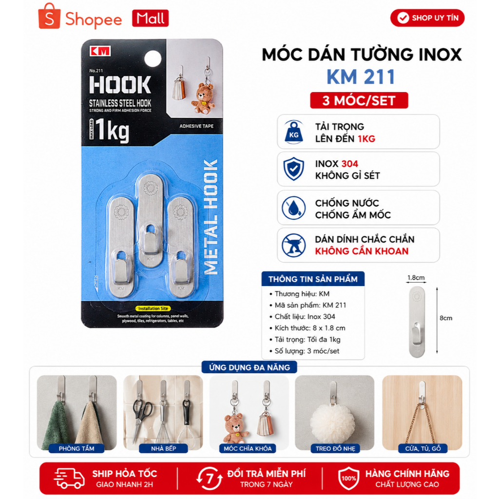 MÓC DÁN TƯỜNG INOX KM 211 jp CAO CẤP – BỘ 3 MÓC (KHÔNG CẦN KHOAN)
