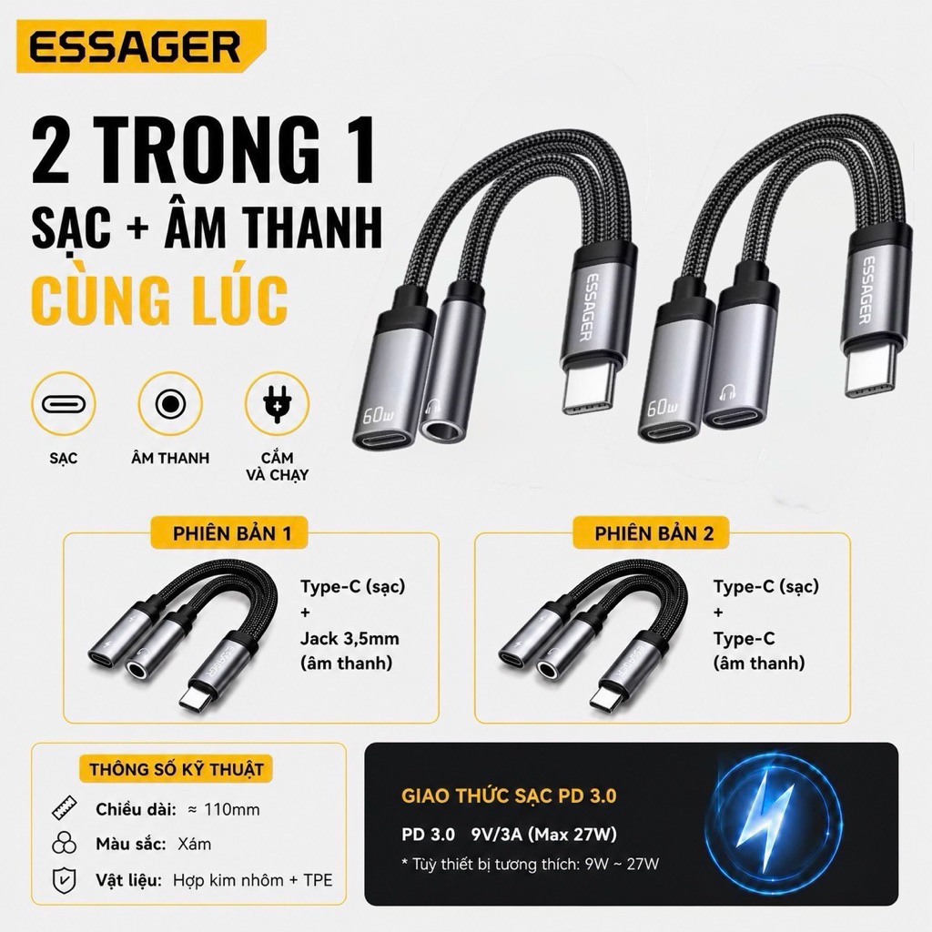 Bộ chuyển ESSAGER Type-C qua Type-C + jack 3,5mm / Type-C + Type-C