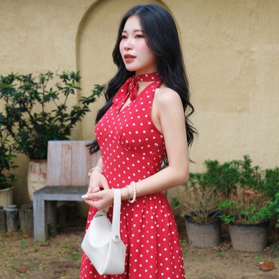 Đầm thiết kế cổ yếm dáng dài họa tiết bi đỏ thời trang thanh lịch Callene (CC583)