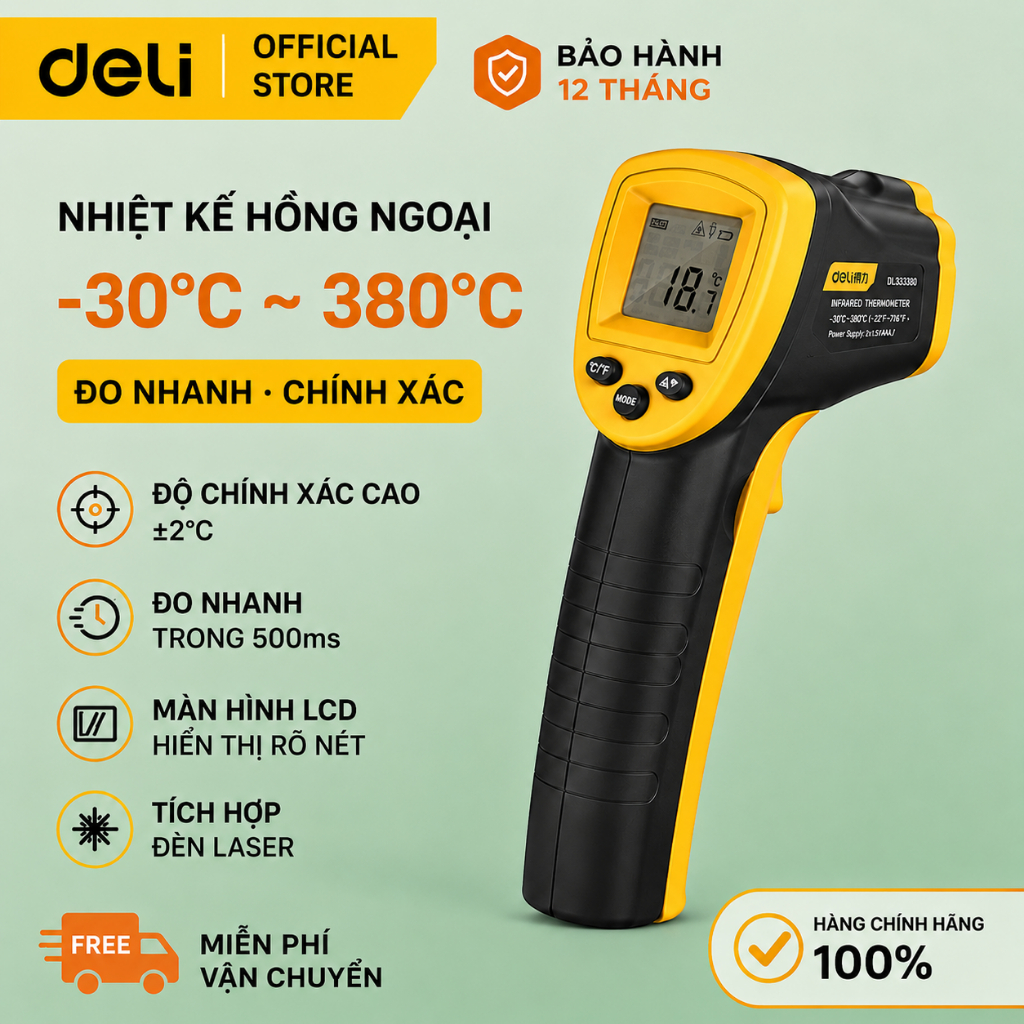 DELI - Nhiệt kế hồng ngoại chính hãng Deli, đo nhanh, chính xác -30~380°C - GIADUNGSAIGONMALL EMoon 