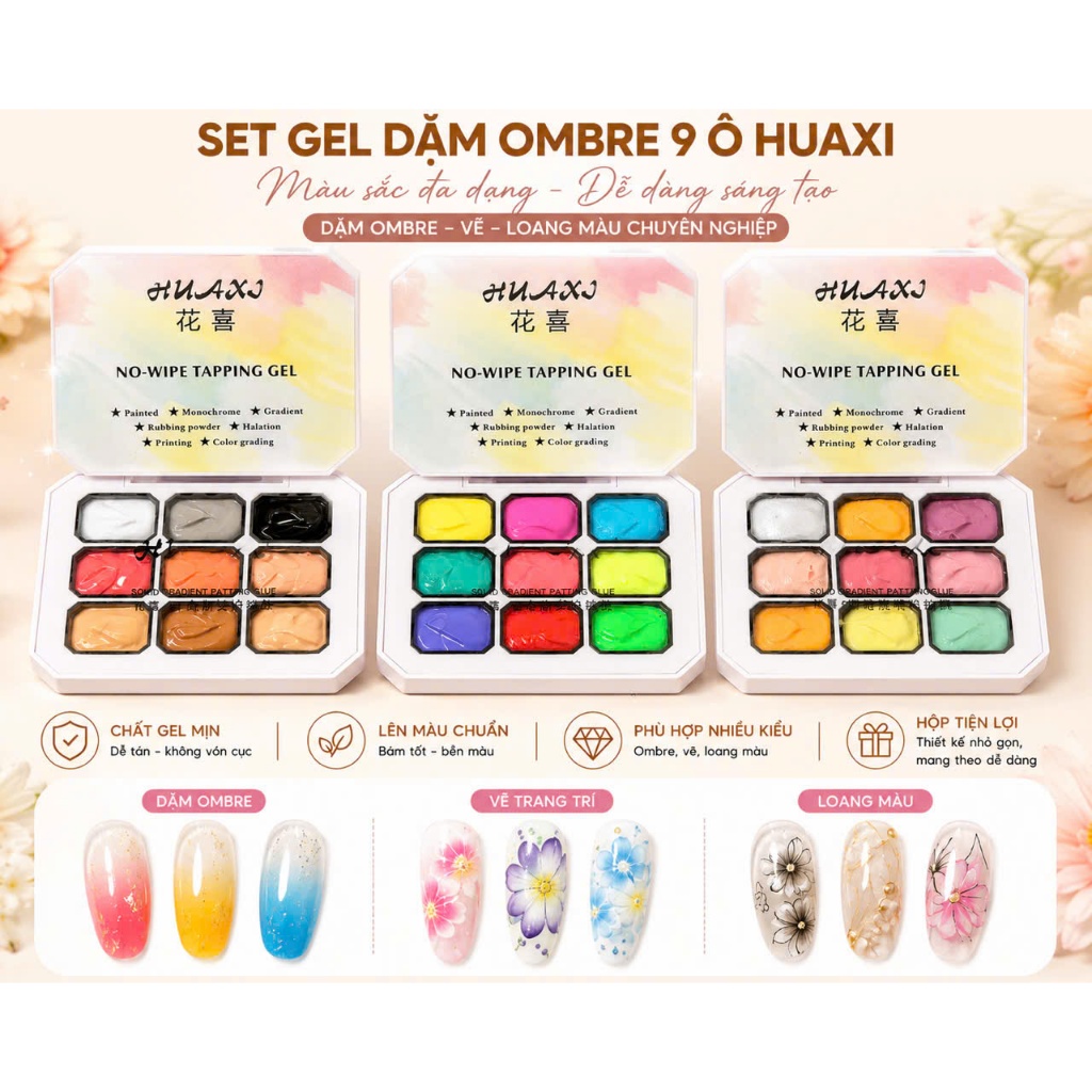 Set Gel Dặm Ombre 9 Ô HUAXI Chính Hãng Gel Loang Màu Nail Art, Dặm Ombre Mịn Đẹp