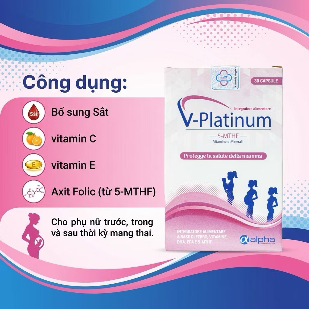 V Platinum 5 MTHF - Bổ Sung Sắt, Acid Folic Cho Phụ Nữ Trước, Trong & Sau Thai Kỳ 30 Viên/Hộp