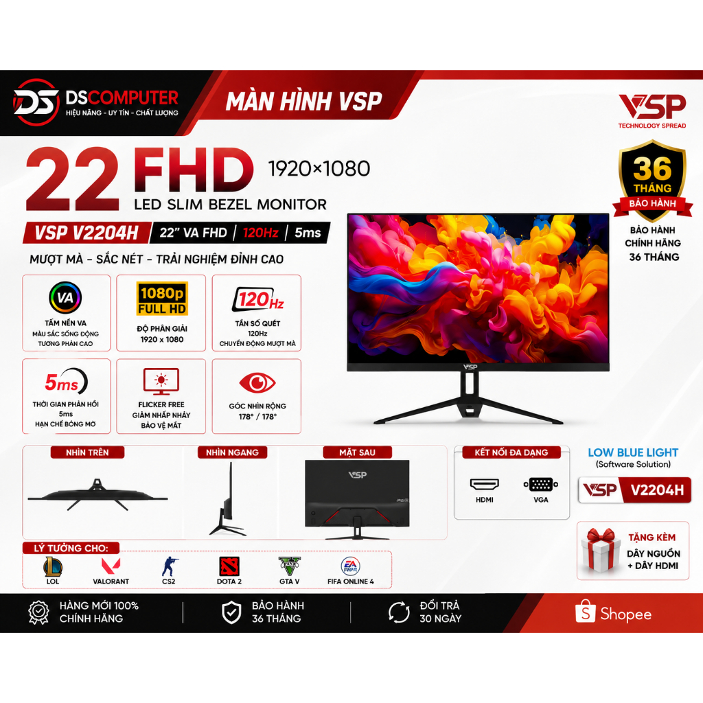 Màn Hình VSP V2204H 22inch VA FHD 120Hz 5ms | Chính Hãng | Bảo Hành 36 Tháng Giá tốt nhất Shopee