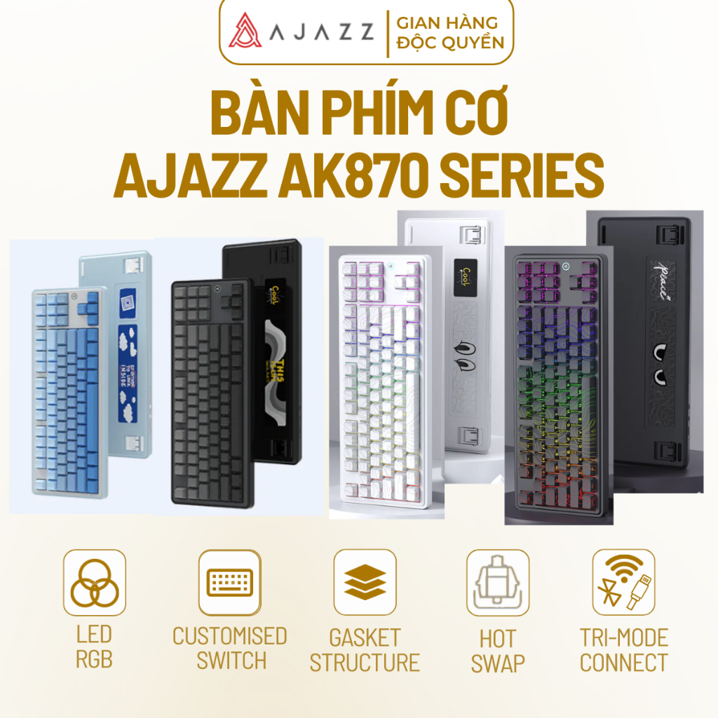 Bàn Phím Cơ AJAZZ AK870 & AK870 Plus 3 Mode Kết Nối Led RGB Gasket Mount Hỗ Trợ App Macro Pin Sạc Ca