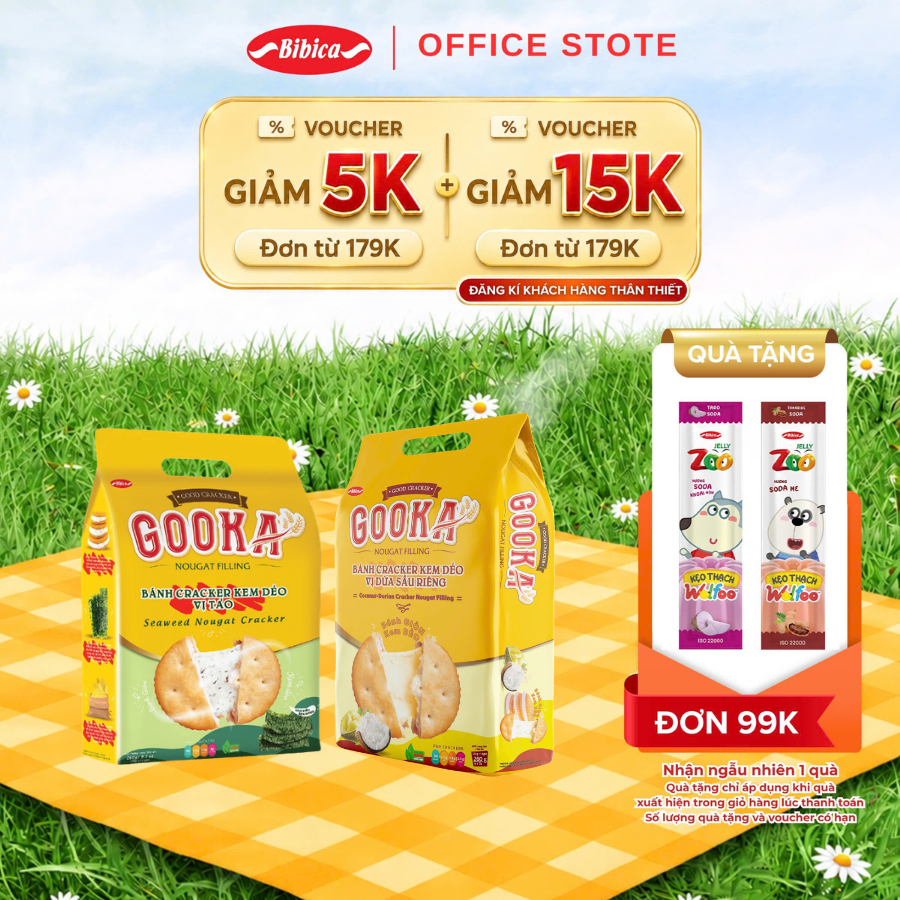 Combo 2 Bánh Gooka Cracker Nougat Filling Vị Tảo Biển/ Dừa Sầu Riêng Bibica