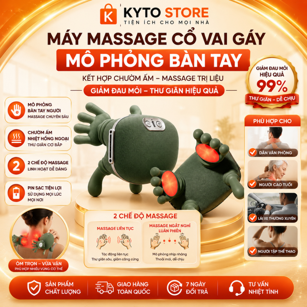 Máy Massage Cổ Vai Gáy Mô Phỏng Bàn Tay Kết Hợp Chườm Ấm, Massage Trị Liệu Giảm Đau Mỏi Cơ Hiệu Quả