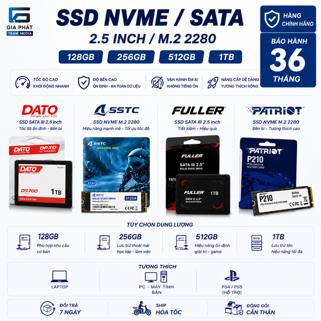 SSD Nvme / Sata 2.5inch 1TB / 512GB / 256GB / 128GB Chuẩn 2280 New Box BH 36 Tháng (Nhiều hãng)