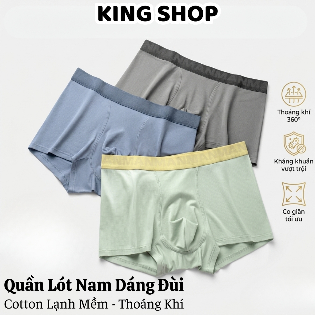 Quần Lót Nam Boxer Cotton Lạnh Cạp To Chữ MAN Mềm Chống Hằn Cộm, Quần Sịp Dáng Đùi Đáy Thông Hơi Kin