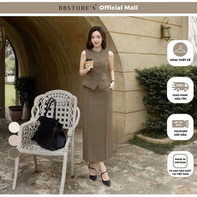 BBSTORE'S Áo Gile Linen Kết Nút Bọc -  AAG44A - Chân Váy Công Sở Linen suông dài - VAG45A