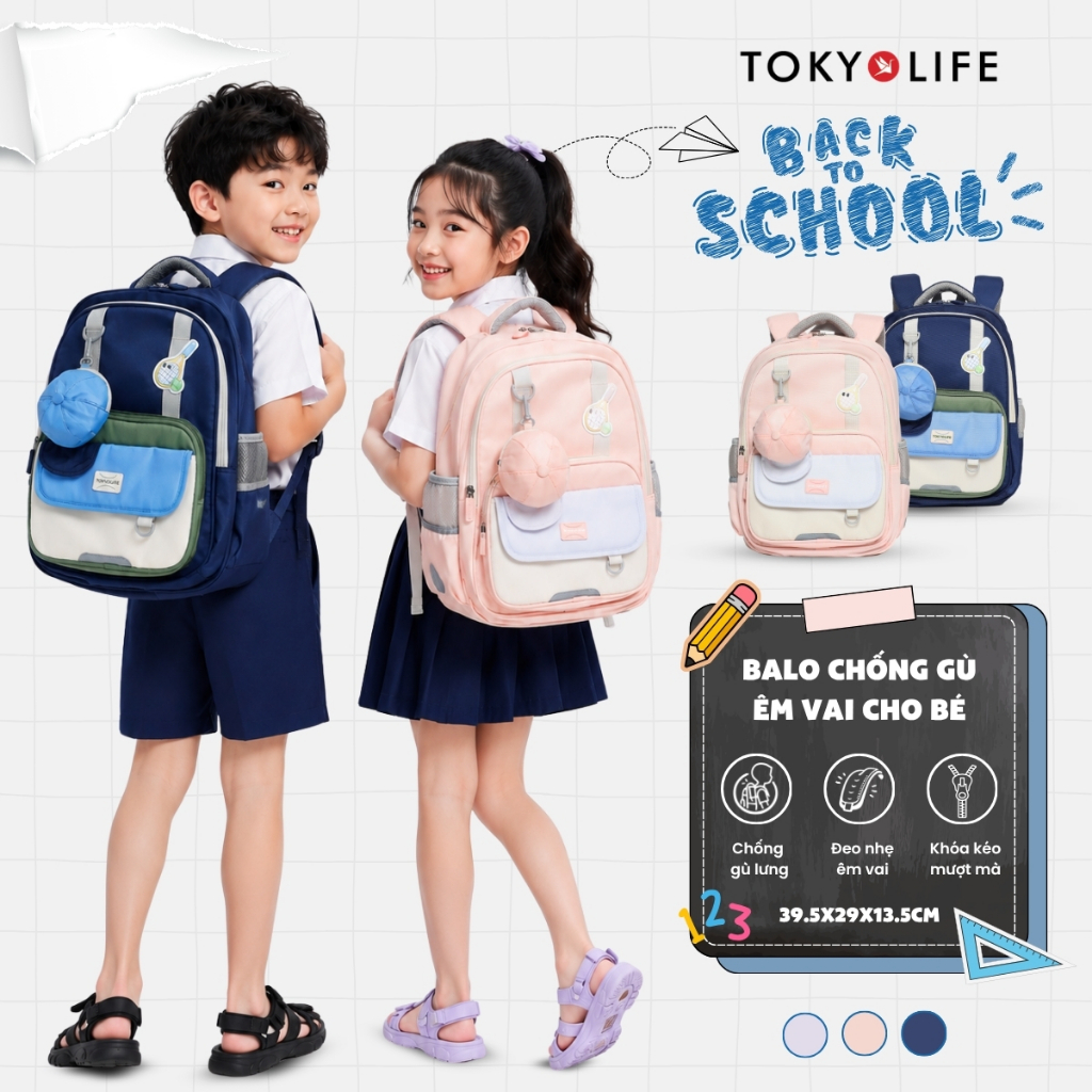 Balo chống gù trẻ em TOKYOLIFE cho học sinh tiểu học êm vai chống thấm siêu nhẹ 39.5x29x13.5cm 40005