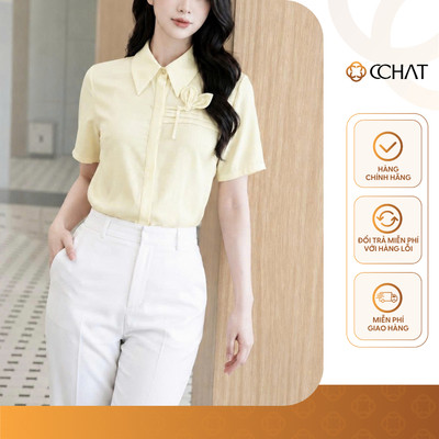 Áo Sơ Mi Nữ 𝐂𝐂𝐇𝐀𝐓 Dáng Suông Romance Hoa Trang Trí Chất Liệu Tơ Mềm Mát 16FNV9094ST