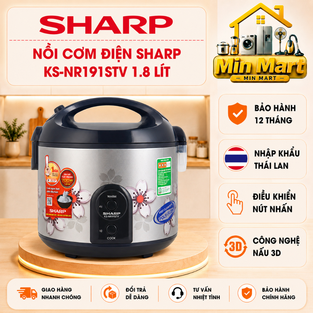 Nồi cơm điện Sharp KS-NR191STV & KS-NR181STV 1.8 lít, nhập Thái Lan, công suất 700W, chính hãng, bảo