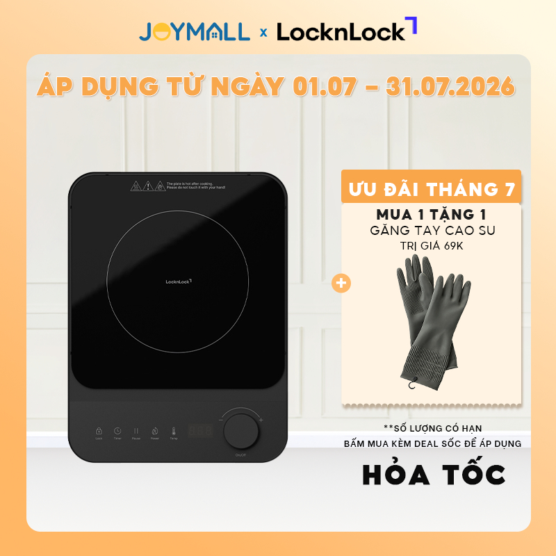 Bếp điện từ LocknLock Induction Cooker EJI351BLK 2000W, Hàng chính hãng, mặt kính Ceramic phủ bóng- 