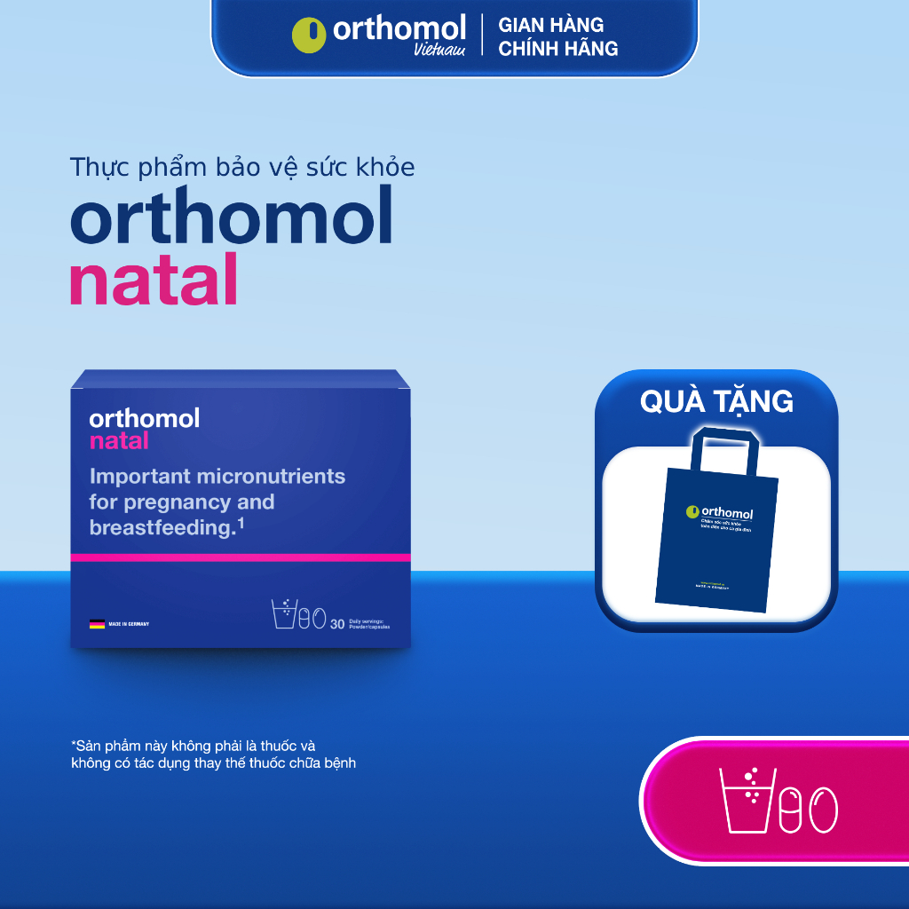 Orthomol Natal - 29 vitamin & khoáng chất. Bổ bầu dạng bột pha kèm viên uống
