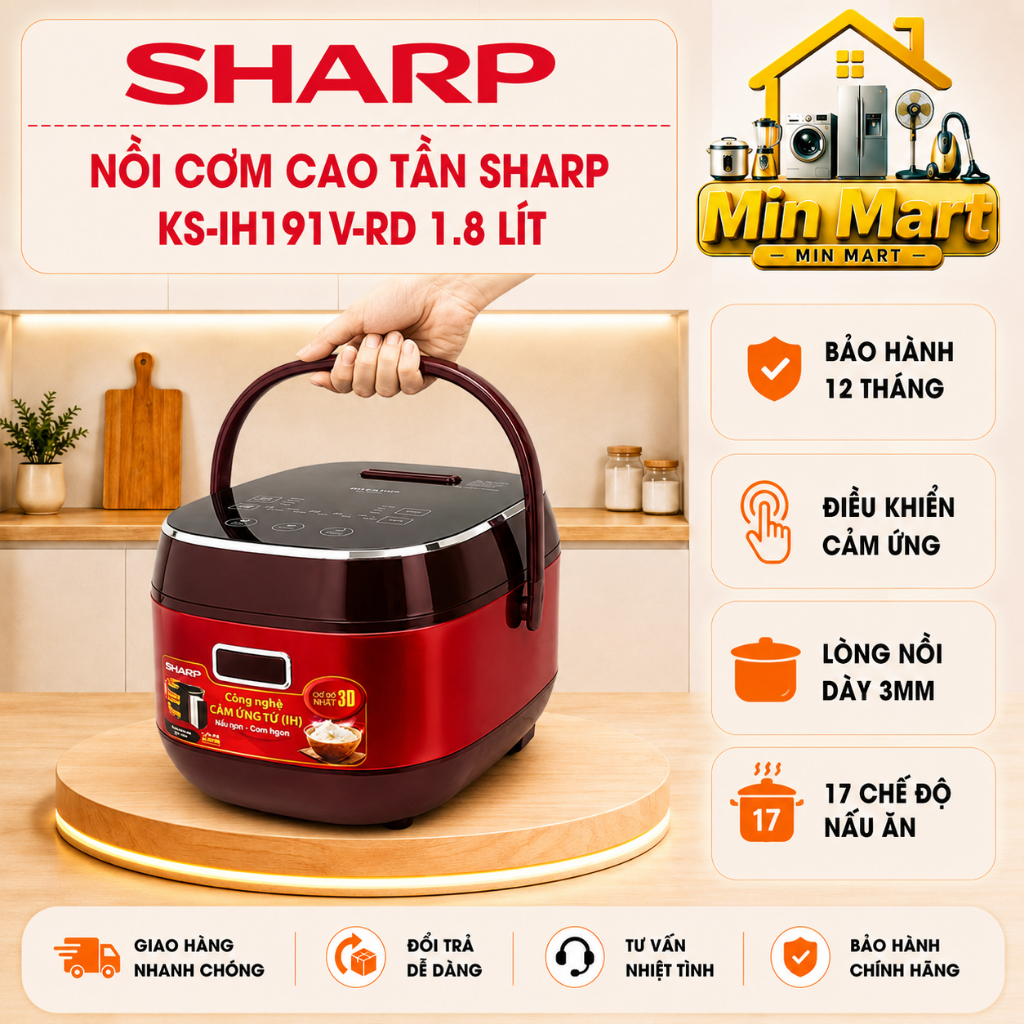 Nồi cơm cao tần Sharp KS-IH191-RD 1.8 lít, lòng nồi siêu dày, chính hãng, bảo hành 12 tháng
