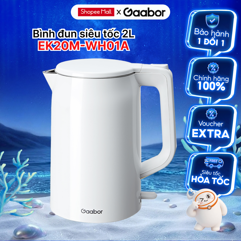 Ấm đun siêu tốc Gaabor EK20M-WH01A dung tích 2L 1500W lòng ấm inox 304 đúc nguyên khối