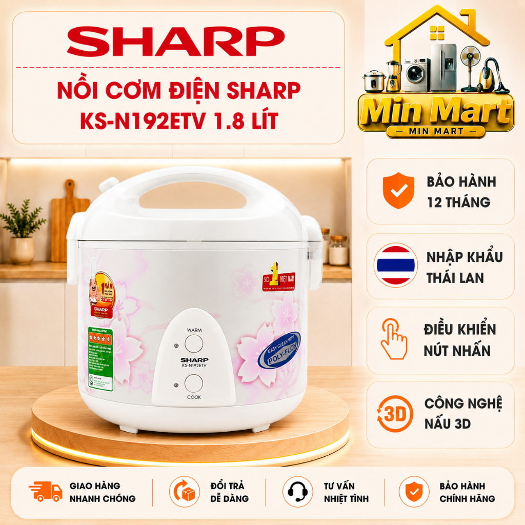 Nồi cơm điện Sharp KS-N192ETV ''SP'' 1.8 lít nhập Thái Lan: Cam kết chính hãng, hàng mới, bảo hành 1