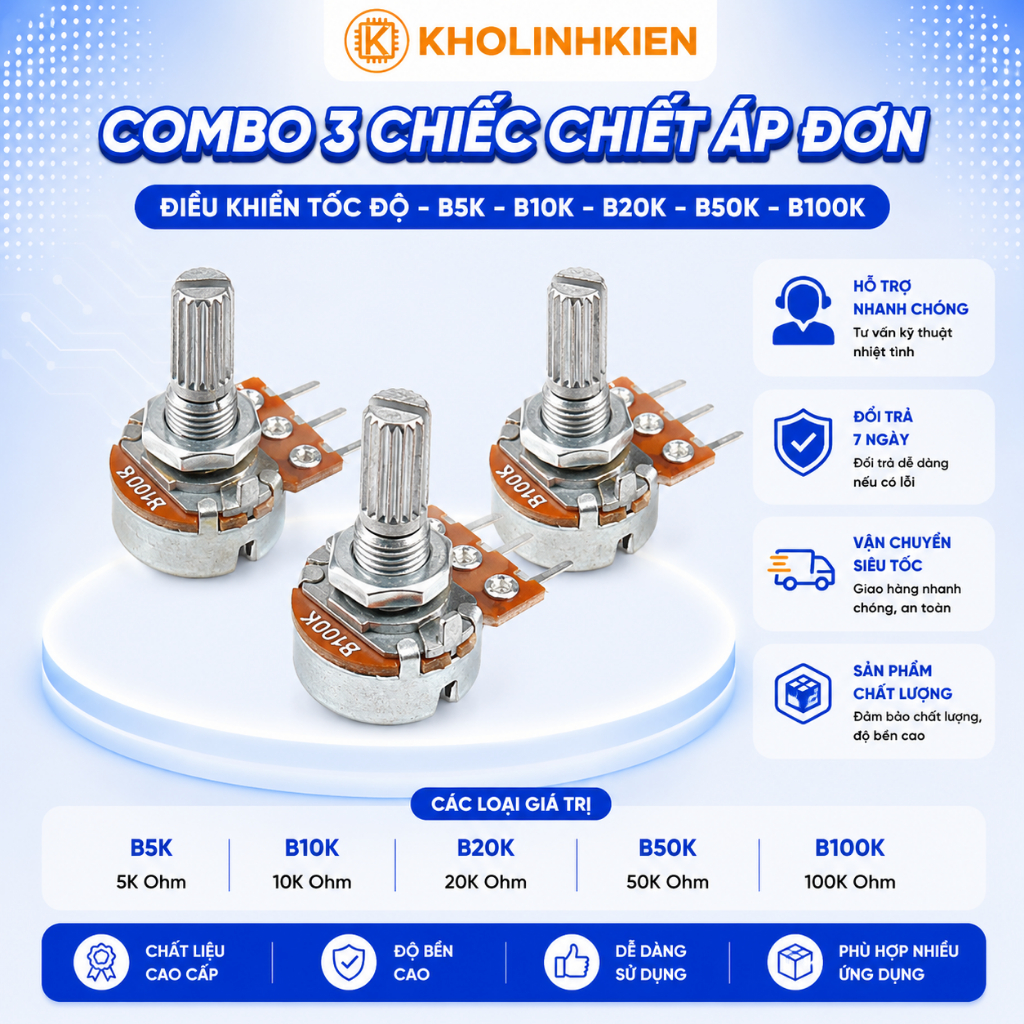 Combo 3 chiếc Chiết áp đơn, chiết áp điều khiển tốc độ B5K B10K B20K b50k b100k Kholinhkien
