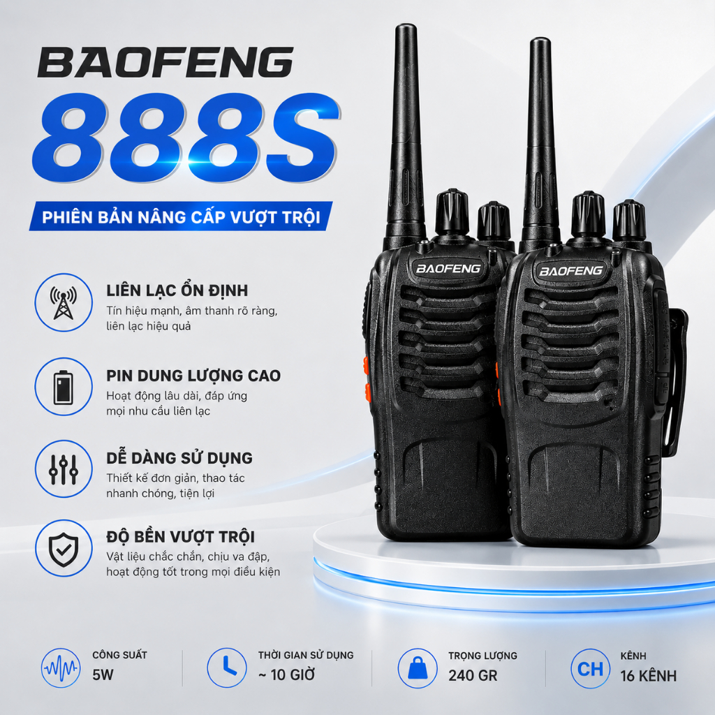 Bộ đàm Baofeng BF888s Bản Nâng cấp Xuyên tường tốt cho toà nhà, nội bộ, công trường tầm xa phượt BF 