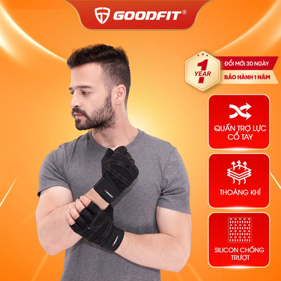 Găng tay tập gym hở ngón, có quấn trợ lực cổ tay, đệm Silicone chống trượt GoodFit GF201G